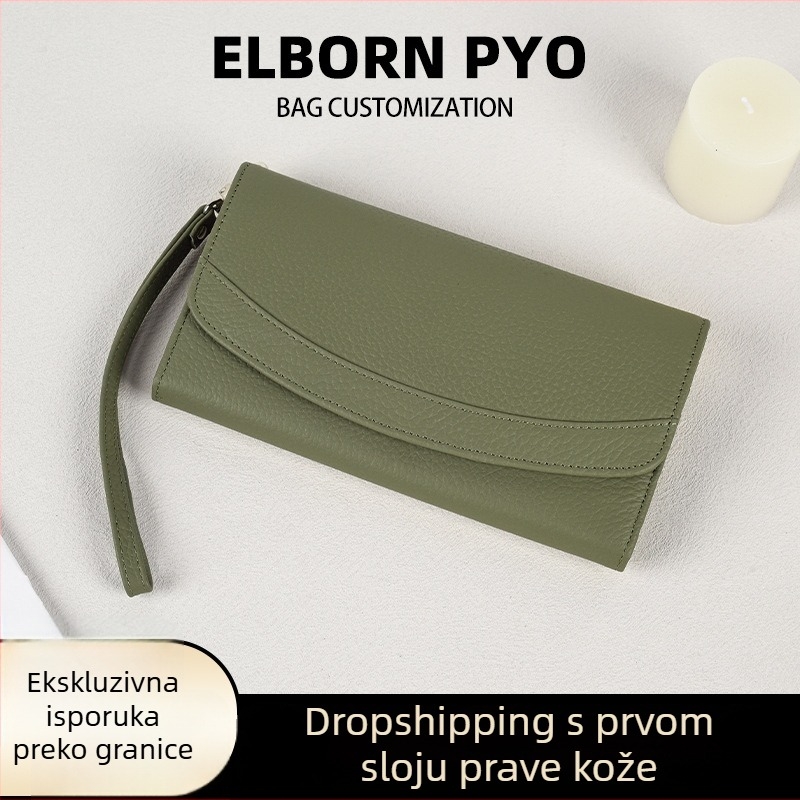 Ženski kožni ručni novčanik s držačem kartica i novčića, prva koža, dugi klips, gradski stil