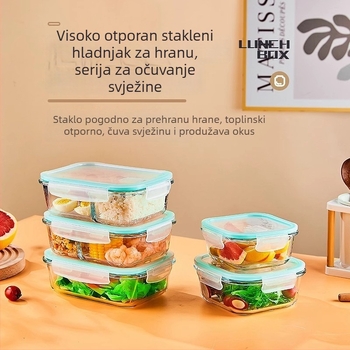 Staklena kutija za ručak, okruglog oblika, borosilikatno staklo, kapacitet 1–2 L, pogodna za mikrovalnu