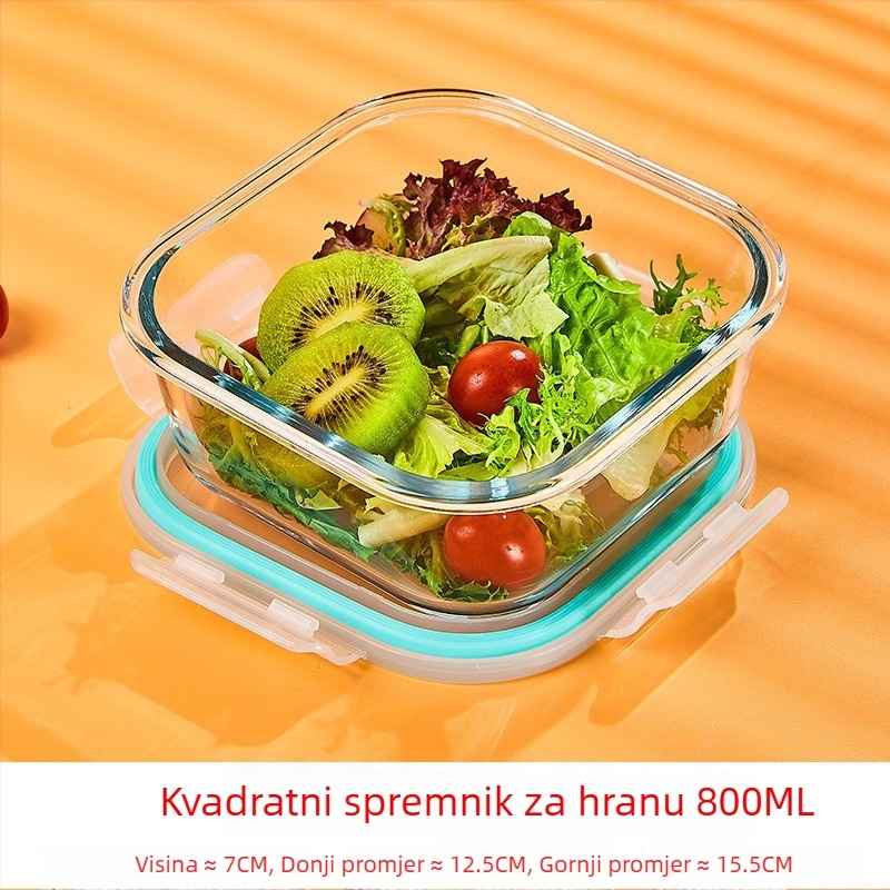 Staklena kutija za ručak, okruglog oblika, borosilikatno staklo, kapacitet 1–2 L, pogodna za mikrovalnu