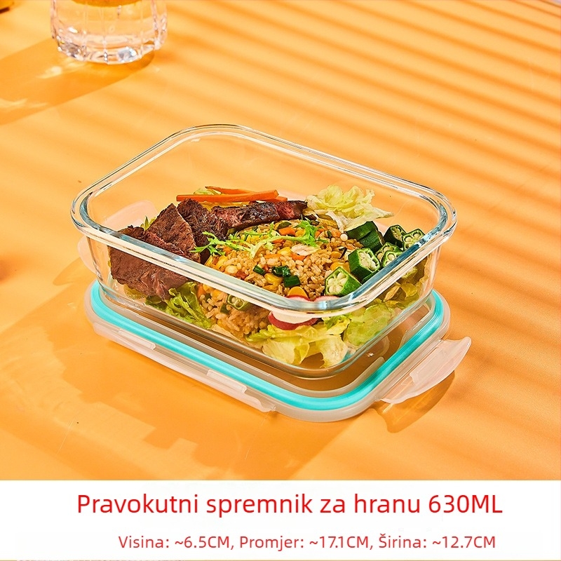 Staklena kutija za ručak, okruglog oblika, borosilikatno staklo, kapacitet 1–2 L, pogodna za mikrovalnu