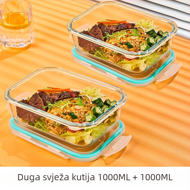 Staklena kutija za ručak, okruglog oblika, borosilikatno staklo, kapacitet 1–2 L, pogodna za mikrovalnu