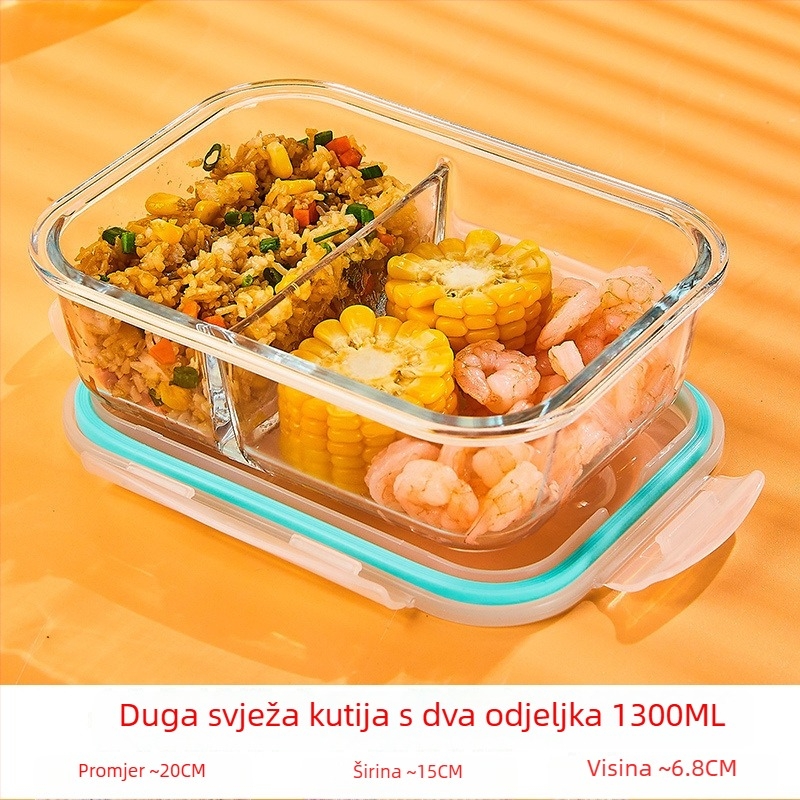 Staklena kutija za ručak, okruglog oblika, borosilikatno staklo, kapacitet 1–2 L, pogodna za mikrovalnu