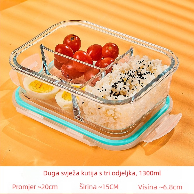 Staklena kutija za ručak, okruglog oblika, borosilikatno staklo, kapacitet 1–2 L, pogodna za mikrovalnu