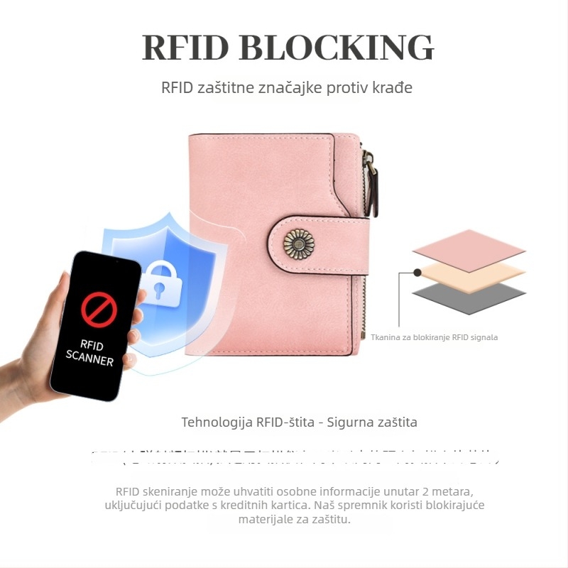 Ženska novčanik od PU kože s RFID zaštitom, dvostruki sklopni dizajn, džep za vozačku dozvolu, europsko-američki retro stil