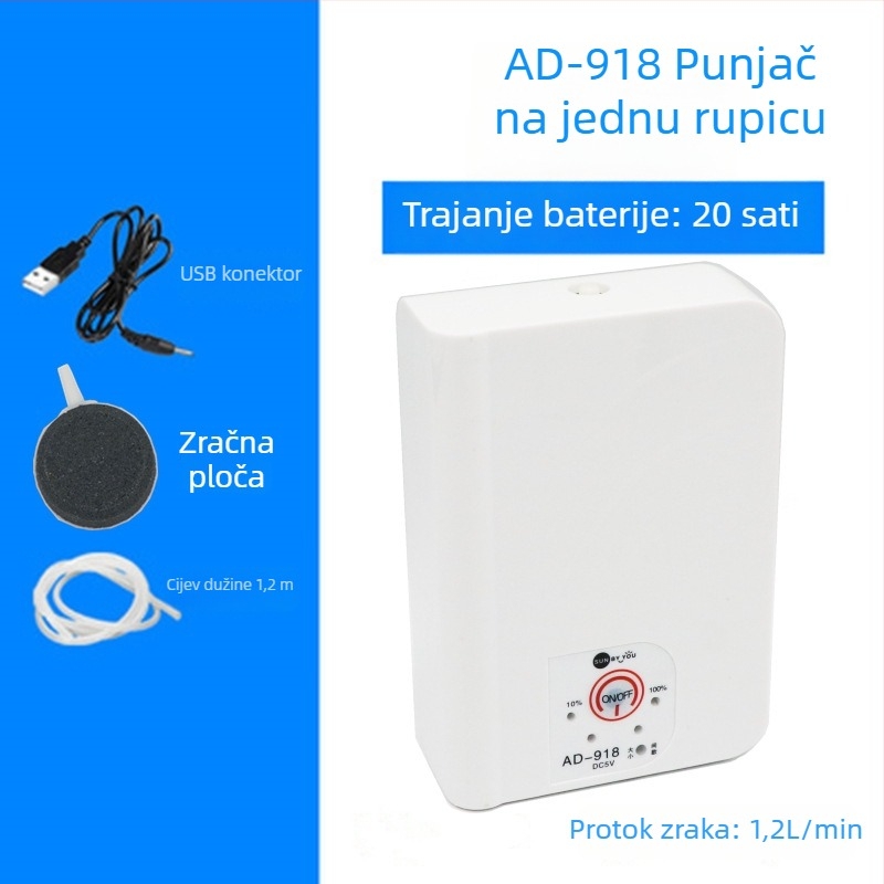 Spirit Companion pumpa za kisik za akvarij – tiha, prijenosna, USB punjiva, DC napajanje, dvostruka namjena