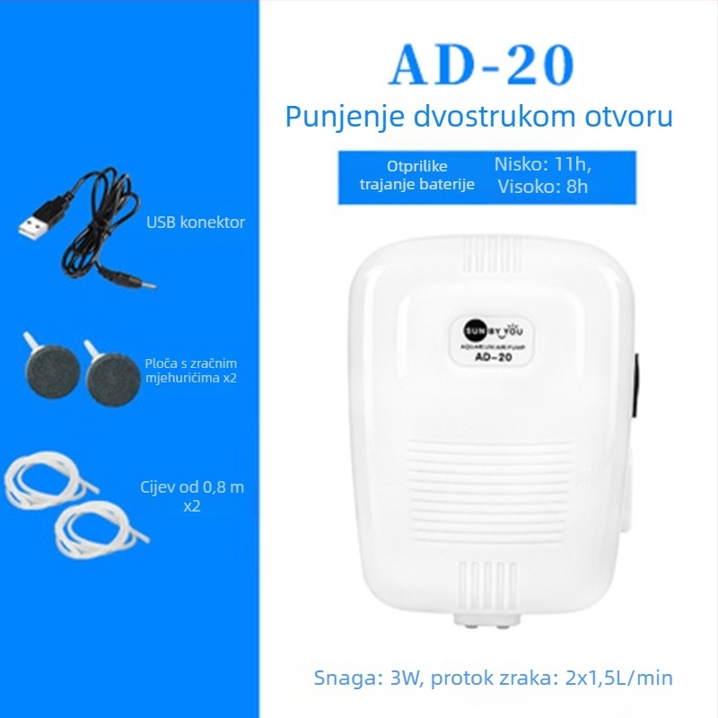 Spirit Companion pumpa za kisik za akvarij – tiha, prijenosna, USB punjiva, DC napajanje, dvostruka namjena