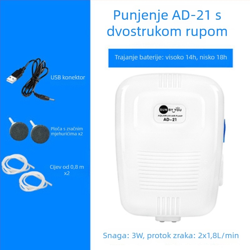 Spirit Companion pumpa za kisik za akvarij – tiha, prijenosna, USB punjiva, DC napajanje, dvostruka namjena