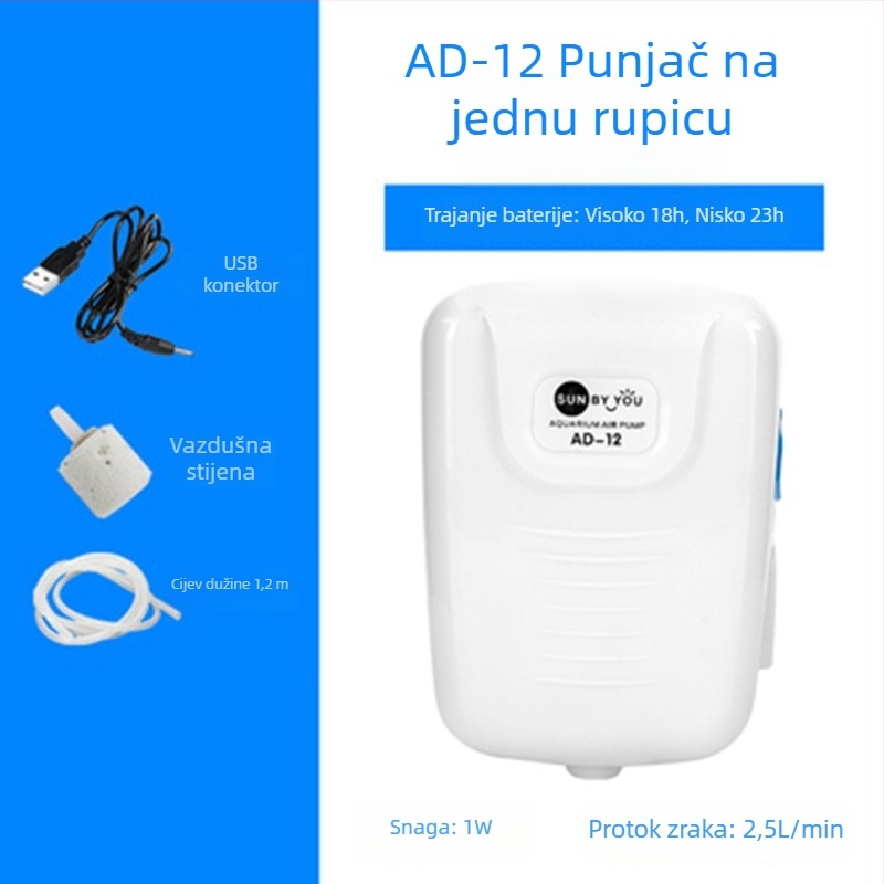 Spirit Companion pumpa za kisik za akvarij – tiha, prijenosna, USB punjiva, DC napajanje, dvostruka namjena