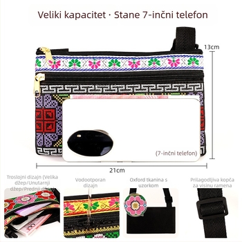 Izšivena crossbody torba od Oxford materijala, zatvaranje na zip, unutarnji džep s zipom, jedna naramenica, stil Nove nacionalne mode