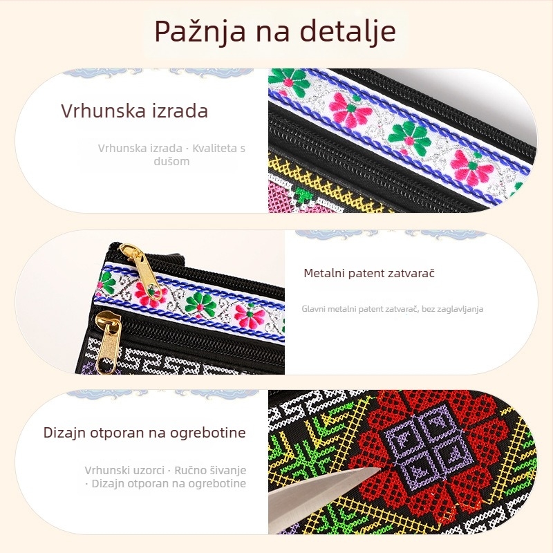 Izšivena crossbody torba od Oxford materijala, zatvaranje na zip, unutarnji džep s zipom, jedna naramenica, stil Nove nacionalne mode