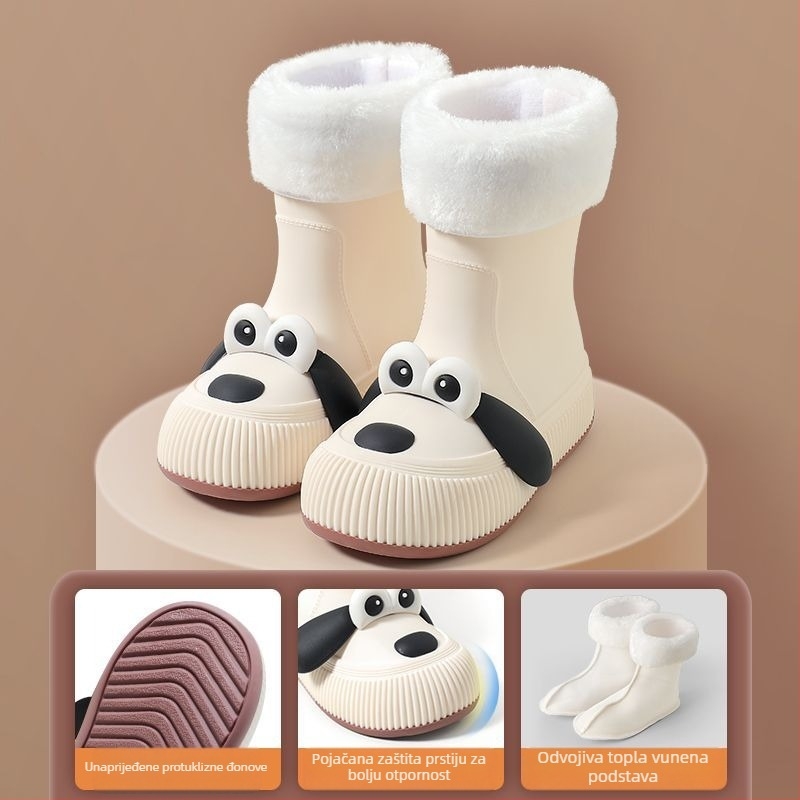 Dječje čizme za kišu s motivom psa s velikim očima, vodootporne, PVC gornji dio, fleec podstava, srednje visine, pogodne za sve sezone