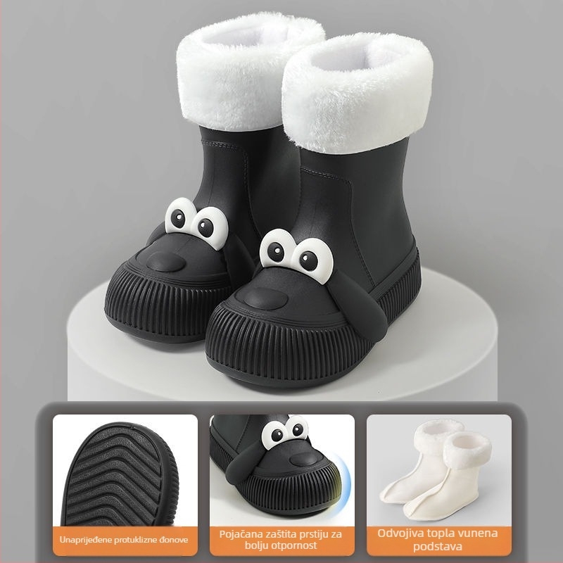 Dječje čizme za kišu s motivom psa s velikim očima, vodootporne, PVC gornji dio, fleec podstava, srednje visine, pogodne za sve sezone