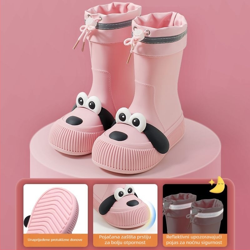 Dječje čizme za kišu s motivom psa s velikim očima, vodootporne, PVC gornji dio, fleec podstava, srednje visine, pogodne za sve sezone