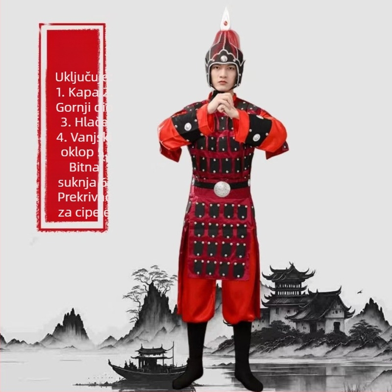 Unisex set kostima za kazališne izvedbe, inspiriran Terakotnom vojskom, za dinastije Han-Tang-Song-Qing; mješavina poliestera i elastana, bez ovratnika, dramska namjena, uzrast 18–24