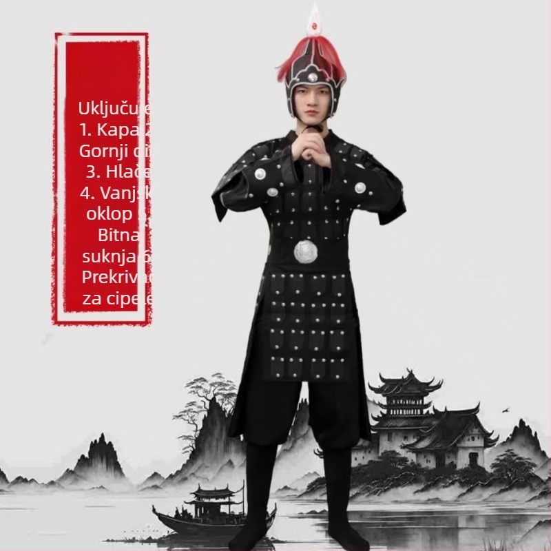 Unisex set kostima za kazališne izvedbe, inspiriran Terakotnom vojskom, za dinastije Han-Tang-Song-Qing; mješavina poliestera i elastana, bez ovratnika, dramska namjena, uzrast 18–24