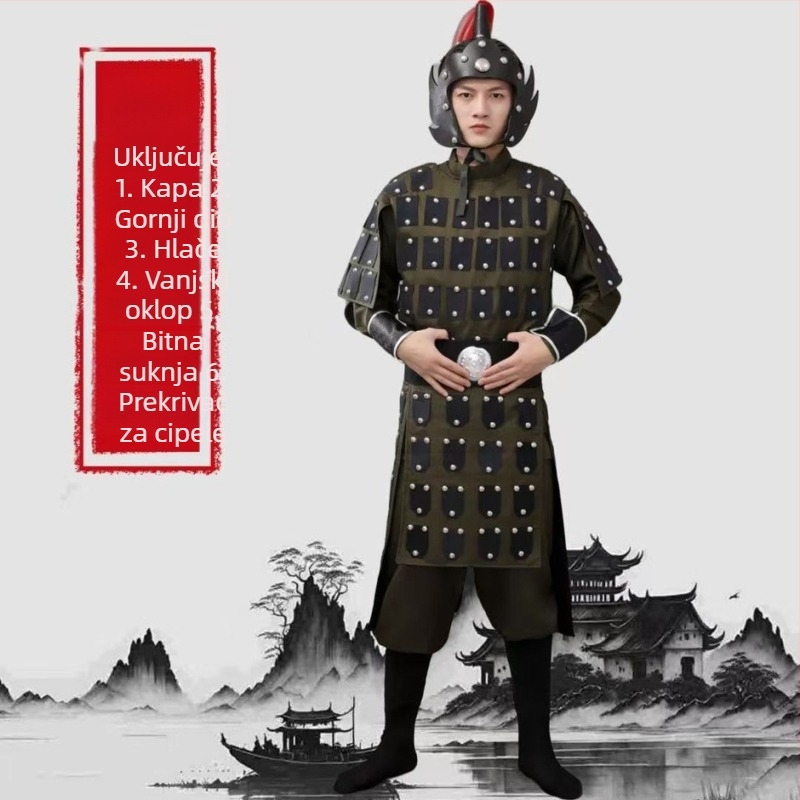 Unisex set kostima za kazališne izvedbe, inspiriran Terakotnom vojskom, za dinastije Han-Tang-Song-Qing; mješavina poliestera i elastana, bez ovratnika, dramska namjena, uzrast 18–24