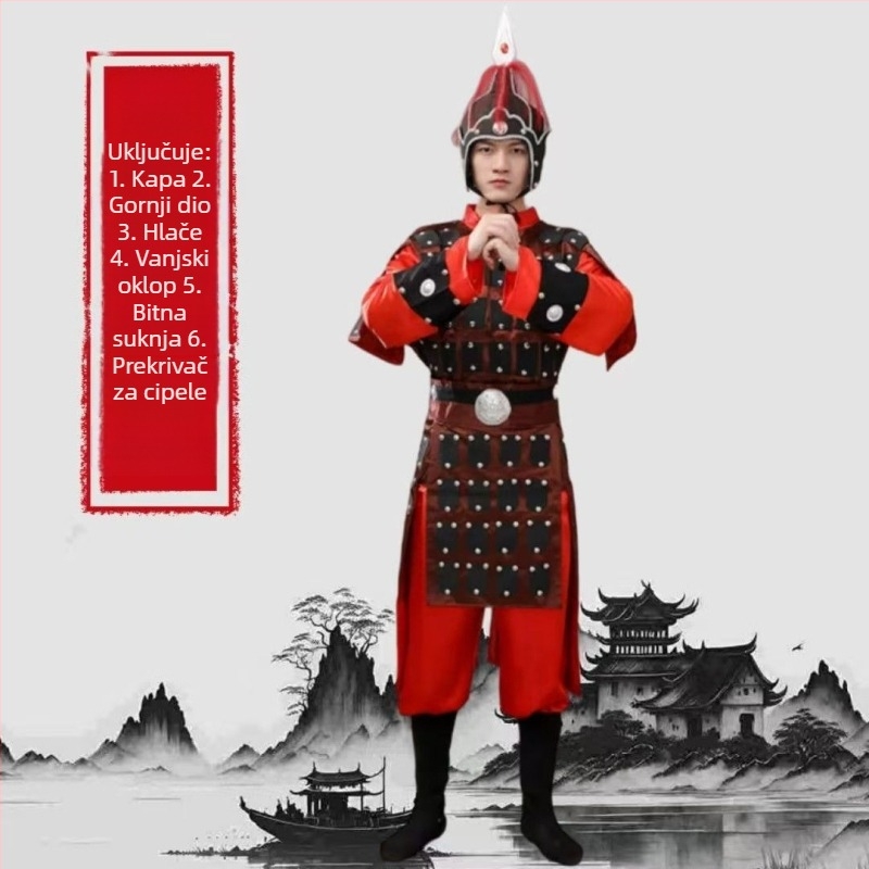 Unisex set kostima za kazališne izvedbe, inspiriran Terakotnom vojskom, za dinastije Han-Tang-Song-Qing; mješavina poliestera i elastana, bez ovratnika, dramska namjena, uzrast 18–24