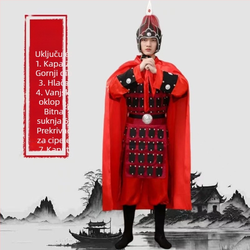 Unisex set kostima za kazališne izvedbe, inspiriran Terakotnom vojskom, za dinastije Han-Tang-Song-Qing; mješavina poliestera i elastana, bez ovratnika, dramska namjena, uzrast 18–24