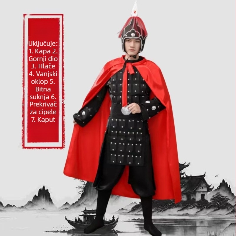 Unisex set kostima za kazališne izvedbe, inspiriran Terakotnom vojskom, za dinastije Han-Tang-Song-Qing; mješavina poliestera i elastana, bez ovratnika, dramska namjena, uzrast 18–24