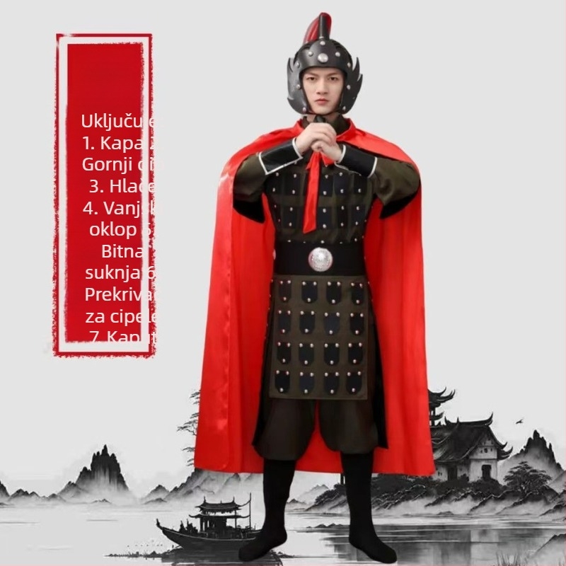 Unisex set kostima za kazališne izvedbe, inspiriran Terakotnom vojskom, za dinastije Han-Tang-Song-Qing; mješavina poliestera i elastana, bez ovratnika, dramska namjena, uzrast 18–24