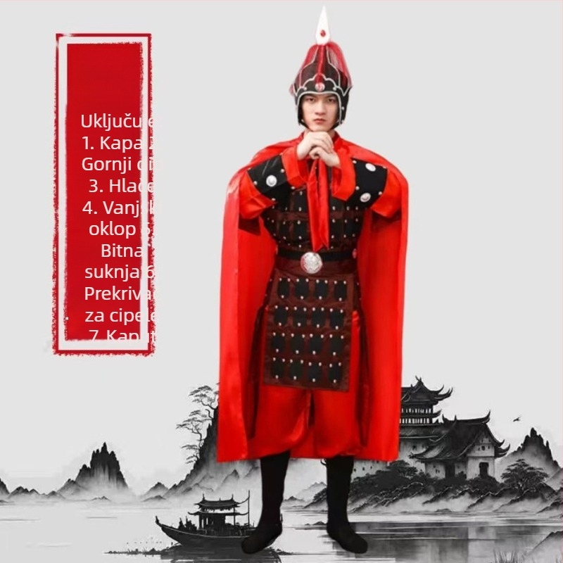 Unisex set kostima za kazališne izvedbe, inspiriran Terakotnom vojskom, za dinastije Han-Tang-Song-Qing; mješavina poliestera i elastana, bez ovratnika, dramska namjena, uzrast 18–24