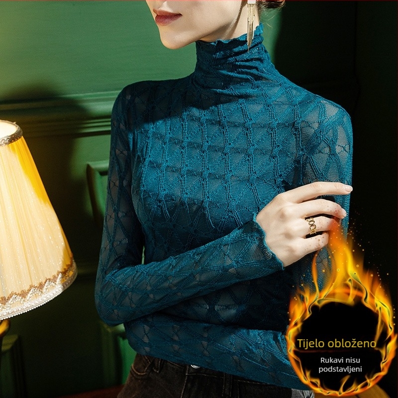 Ženski karirani pulover s čipkastim rubom, visokim ovratnikom, dugim rukavom