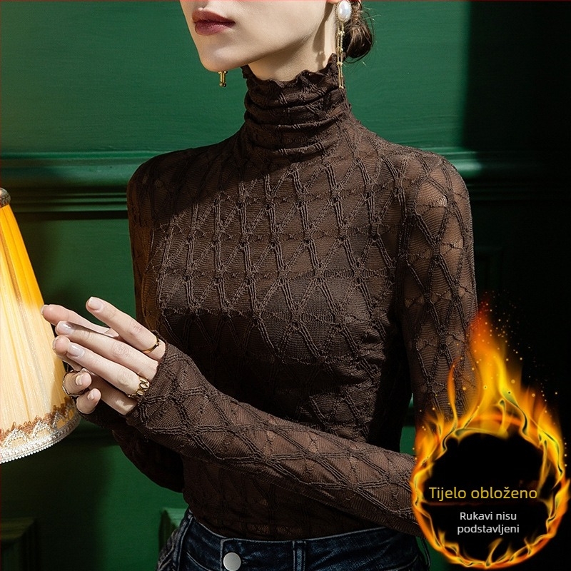 Ženski karirani pulover s čipkastim rubom, visokim ovratnikom, dugim rukavom