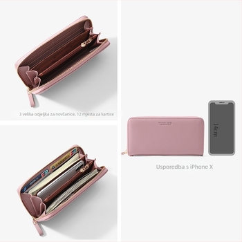 Ženski dugi novčanik sa zipom, PU koža, stil omotnice, velik kapacitet, džep za telefon i dokumente, FOREVER YOUNG