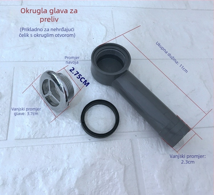 A12 navojni poklopac za preliv – dekorativan poklop za umivaonike i kade, četvrtastog oblika, s produženim crijevom, protiv prolijevanja