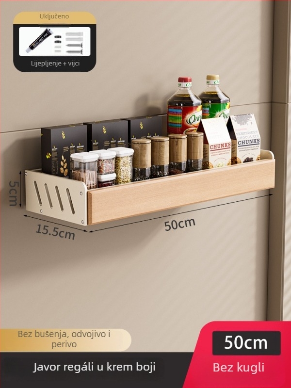 Kuhinjski regal iz drvenog drveta, krem stil – zidni, bez bušenja, odvojivi i perivi, višenamjenski spremnik za začine i nože