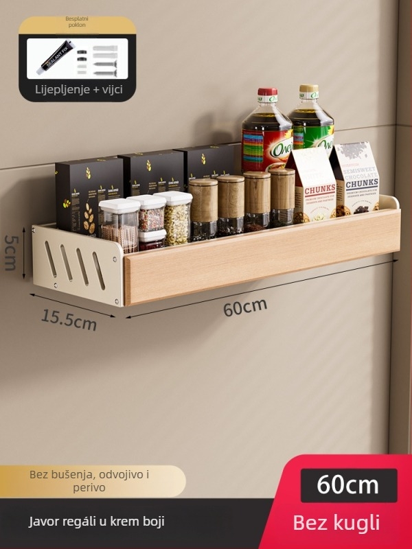 Kuhinjski regal iz drvenog drveta, krem stil – zidni, bez bušenja, odvojivi i perivi, višenamjenski spremnik za začine i nože