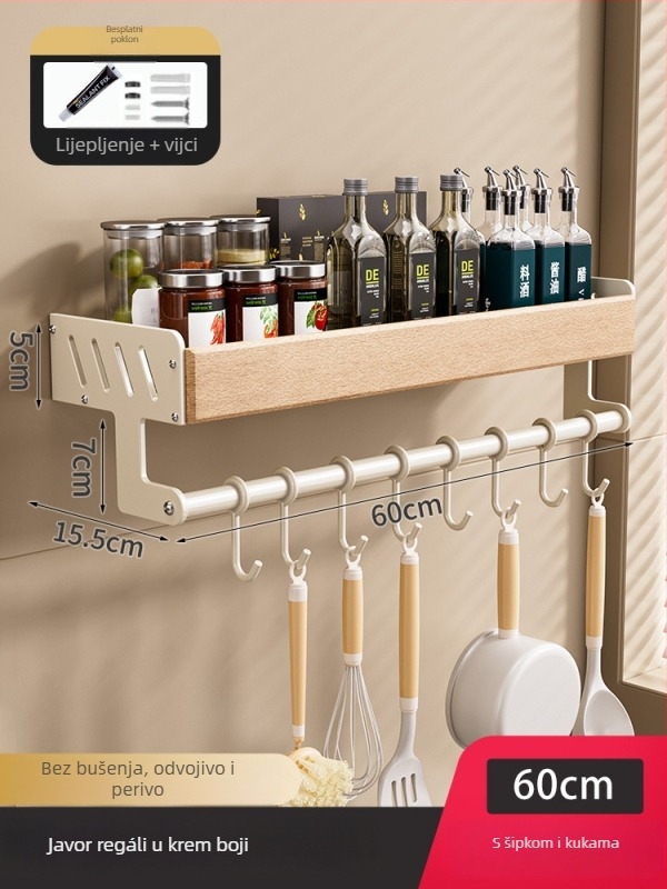 Kuhinjski regal iz drvenog drveta, krem stil – zidni, bez bušenja, odvojivi i perivi, višenamjenski spremnik za začine i nože