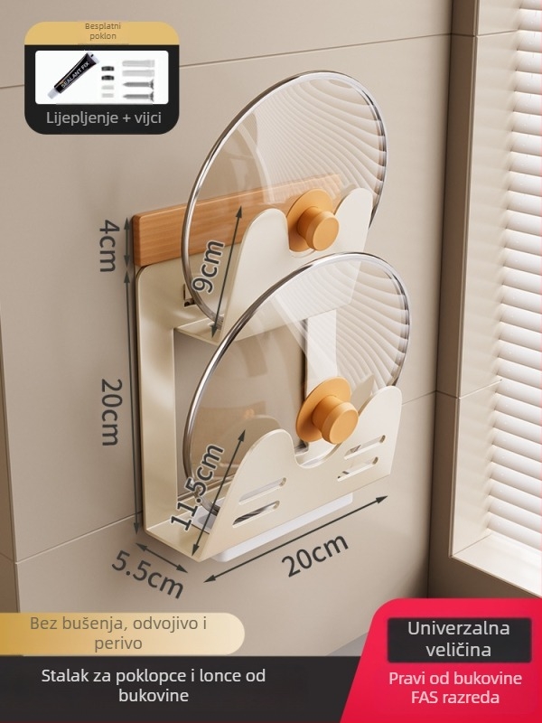 Kuhinjski regal iz drvenog drveta, krem stil – zidni, bez bušenja, odvojivi i perivi, višenamjenski spremnik za začine i nože