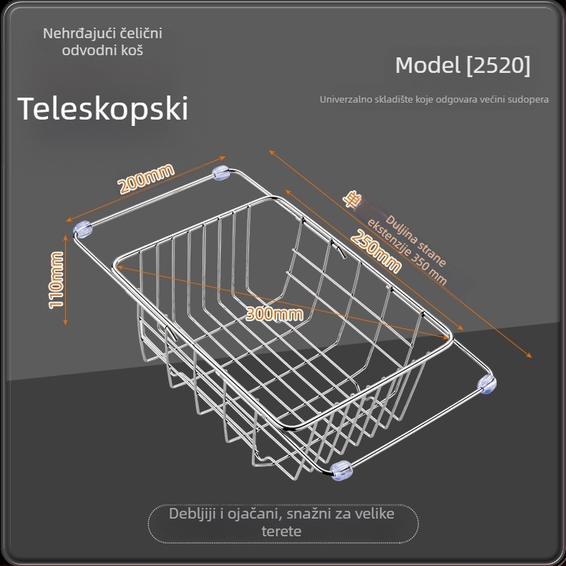 Teleskopska posuda za odvod iz nehrđajućeg čelika s držačem — kuhinjski proširivi stalak za pranje povrća, moderni minimalistički dizajn