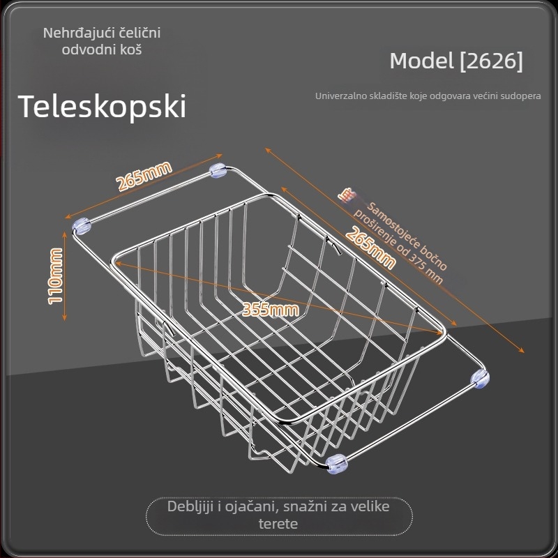 Teleskopska posuda za odvod iz nehrđajućeg čelika s držačem — kuhinjski proširivi stalak za pranje povrća, moderni minimalistički dizajn