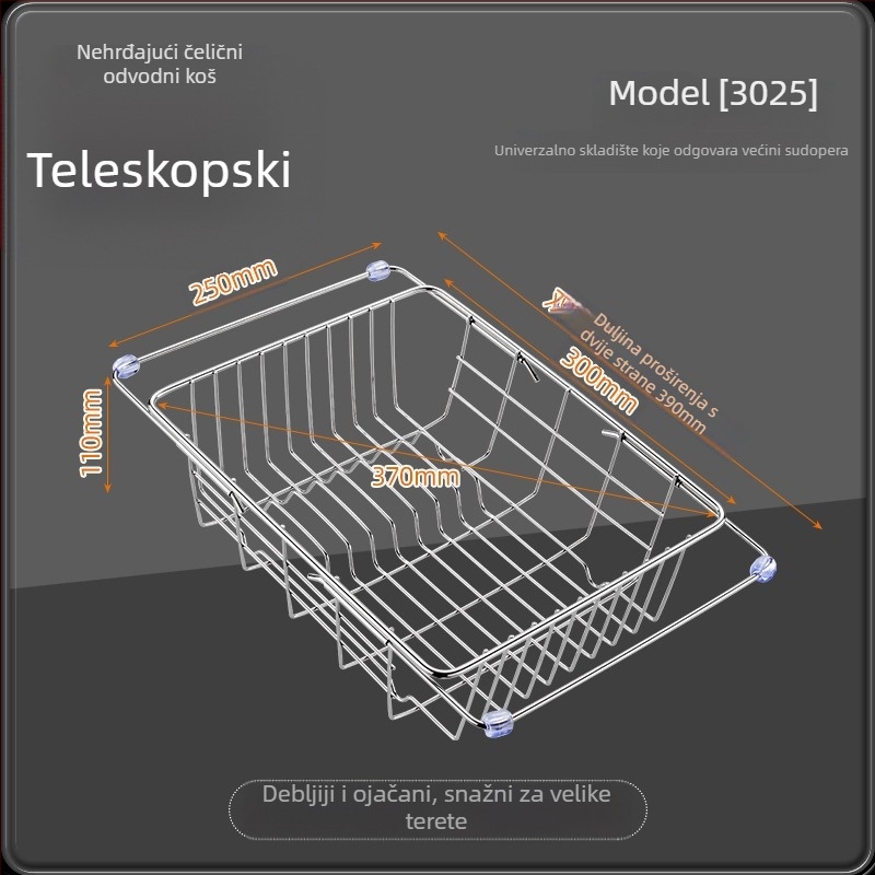 Teleskopska posuda za odvod iz nehrđajućeg čelika s držačem — kuhinjski proširivi stalak za pranje povrća, moderni minimalistički dizajn