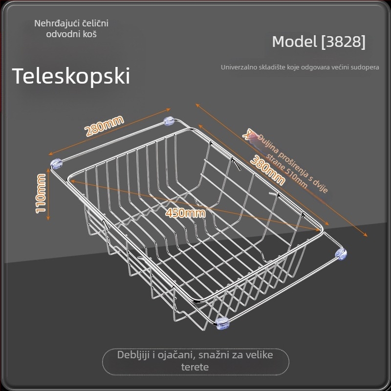 Teleskopska posuda za odvod iz nehrđajućeg čelika s držačem — kuhinjski proširivi stalak za pranje povrća, moderni minimalistički dizajn
