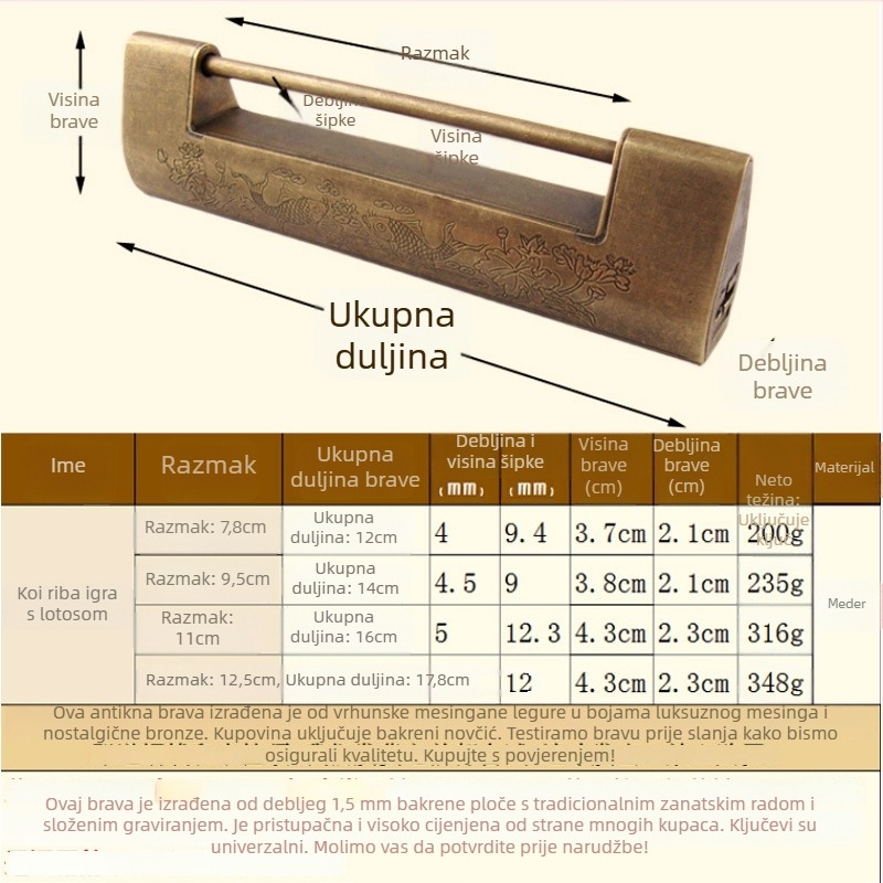 Horizontalna brava za ormar, mesingana, novi kineski stil, antik-retro izgled, model Thickened Lock, marka Chengyu