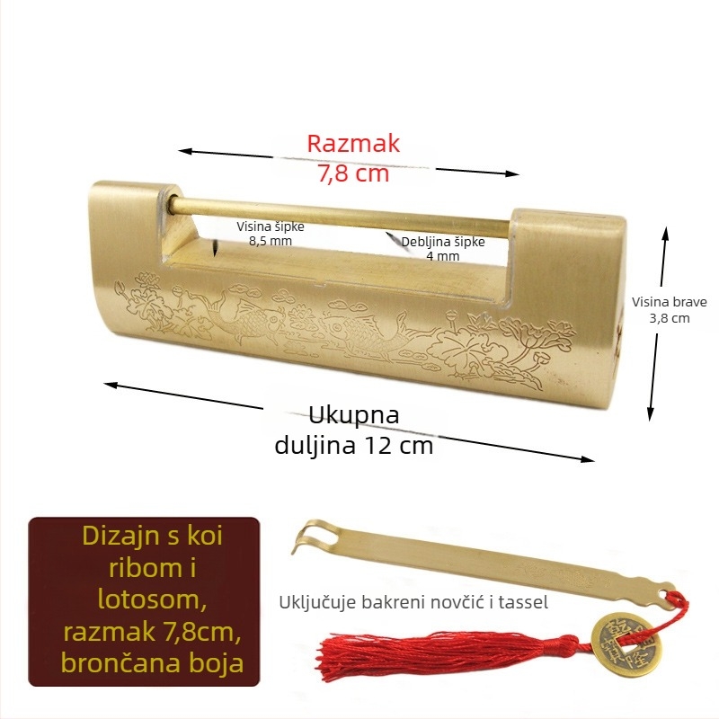 Horizontalna brava za ormar, mesingana, novi kineski stil, antik-retro izgled, model Thickened Lock, marka Chengyu