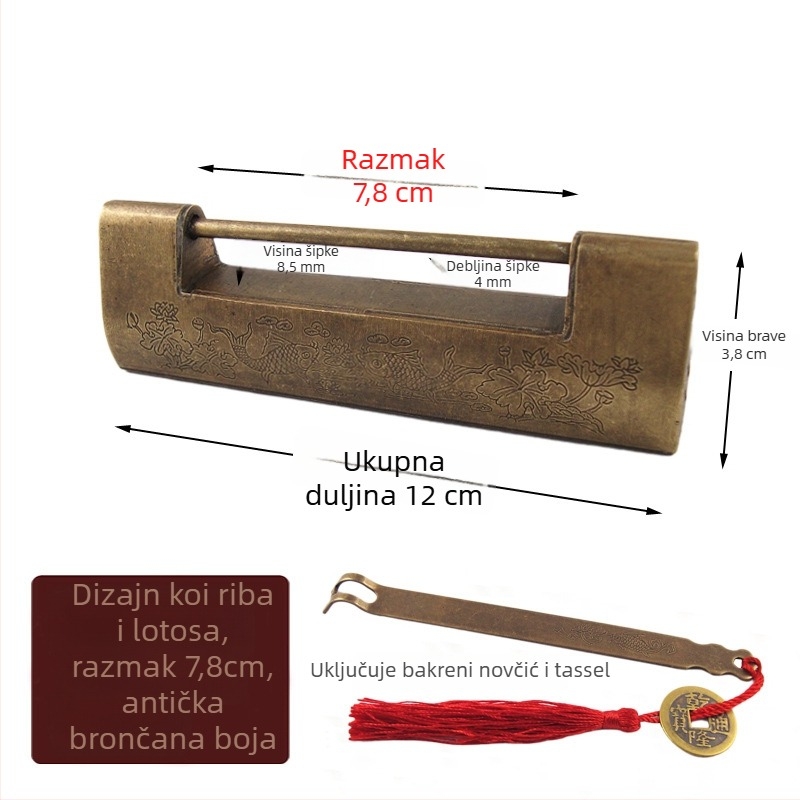 Horizontalna brava za ormar, mesingana, novi kineski stil, antik-retro izgled, model Thickened Lock, marka Chengyu