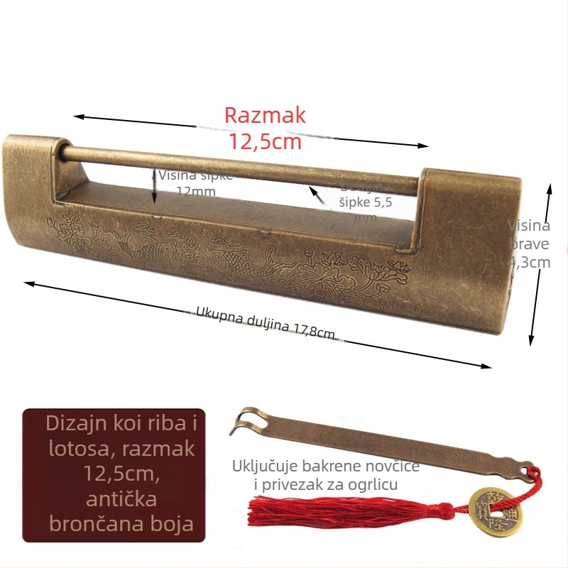 Horizontalna brava za ormar, mesingana, novi kineski stil, antik-retro izgled, model Thickened Lock, marka Chengyu