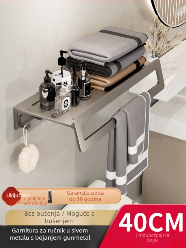 Zidni set držača ručnika za kupaonicu – aluminijska legura, završna obrada anodizacijom, montaža bez bušenja, šestodijelni set, moderan minimalistički stil