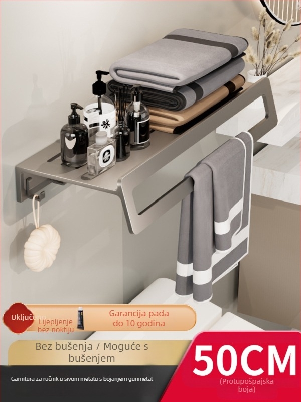 Zidni set držača ručnika za kupaonicu – aluminijska legura, završna obrada anodizacijom, montaža bez bušenja, šestodijelni set, moderan minimalistički stil