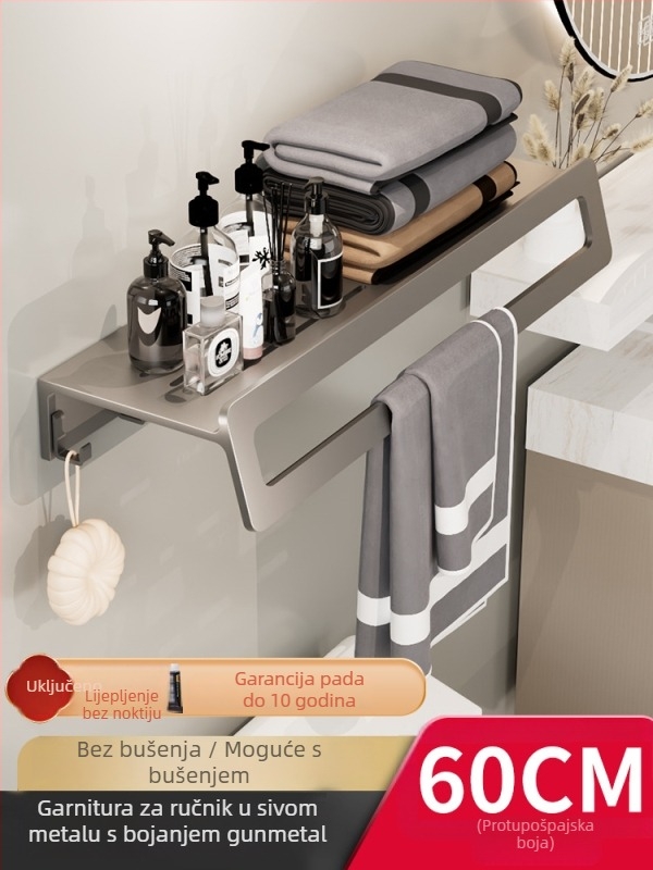 Zidni set držača ručnika za kupaonicu – aluminijska legura, završna obrada anodizacijom, montaža bez bušenja, šestodijelni set, moderan minimalistički stil