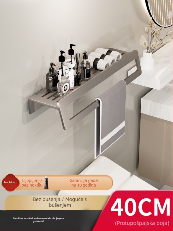 Zidni set držača ručnika za kupaonicu – aluminijska legura, završna obrada anodizacijom, montaža bez bušenja, šestodijelni set, moderan minimalistički stil