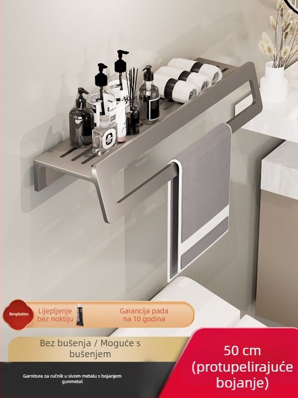 Zidni set držača ručnika za kupaonicu – aluminijska legura, završna obrada anodizacijom, montaža bez bušenja, šestodijelni set, moderan minimalistički stil