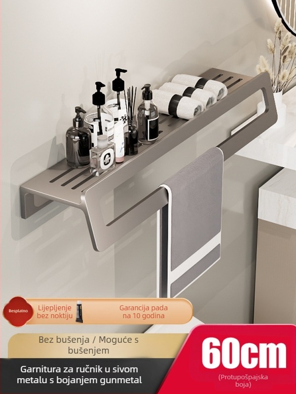 Zidni set držača ručnika za kupaonicu – aluminijska legura, završna obrada anodizacijom, montaža bez bušenja, šestodijelni set, moderan minimalistički stil