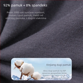 Muški termalni komplet od pamuka – antibakterijski, održava toplinu, 90–95% pamuk, srednje debljine 161–180 g/m², dugi rukav, okrugli vrat, dvodijelni komplet