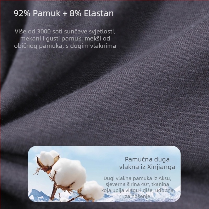 Muški termalni komplet od pamuka – antibakterijski, održava toplinu, 90–95% pamuk, srednje debljine 161–180 g/m², dugi rukav, okrugli vrat, dvodijelni komplet