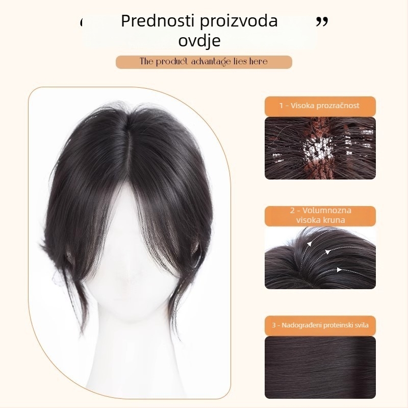Perika s bangs za žene – volumen na tjemenu, prekrivanje sijede, vlakna otporna na temperaturu, polu ručno tkanje